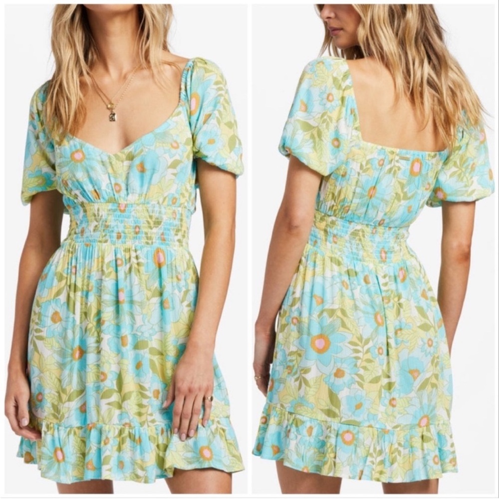 Billabong something pretty floral mini dress white blue green yellow red pink